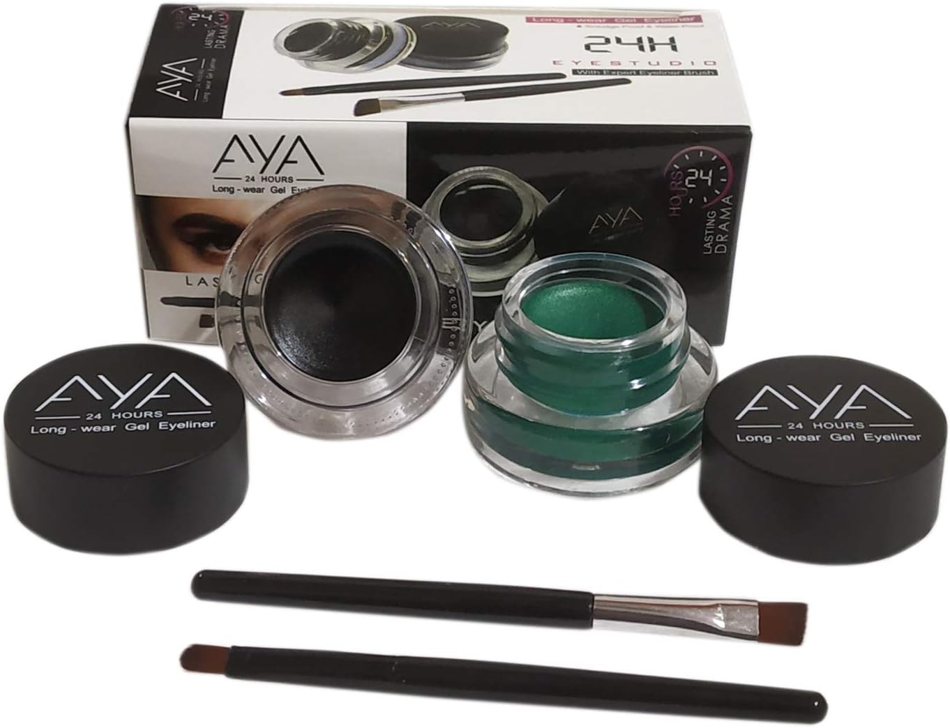 AYA Long Wear Gel Eyeliner Smudge Proof & Waterproof With Expert Eyeliner Brushes, Black & Green, 4 Pieces