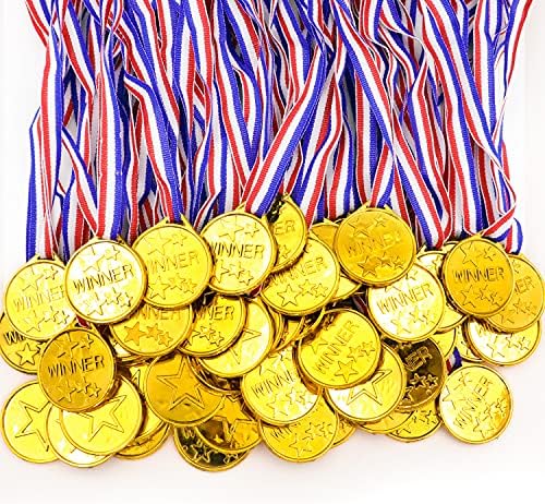 Darovly 50 Pieces Gold Plastic Winner Award Medals with Ribbon Necklaces for Sports,Games,Competition,Students Rewards,Talent Show,Parties,Party Favors or Decor