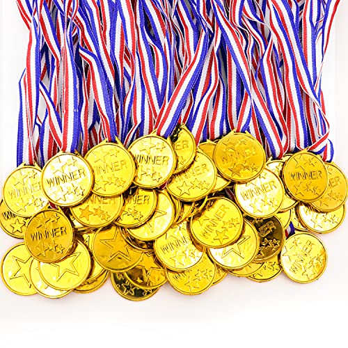 Darovly 50 Pieces Gold Plastic Winner Award Medals with Ribbon Necklaces for...