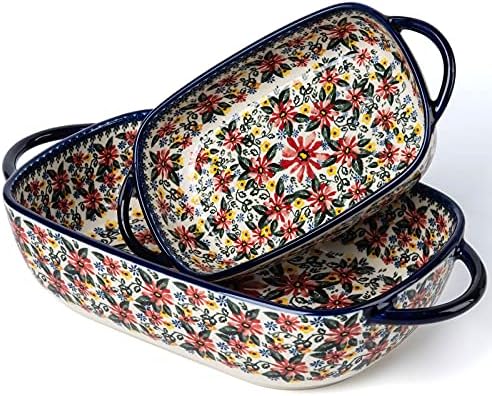 ONECCI Baking Dish Ceramic Baking Pan Blue Casserole Dish Rectangular Baking Set 2pcs Bakeware Sets Lasagna Pan Baking Dishes for oven (Exotic Daisy)