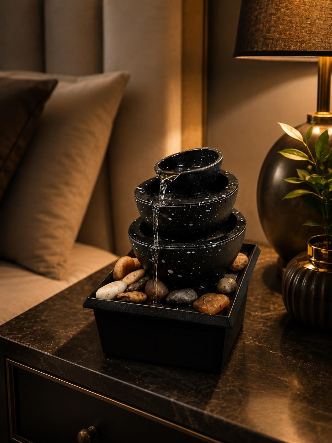 LED Tabletop Water Fountain with Natural River Stones, 3-Tier Cascading Indoor Waterfall, Quiet Pump, Black Speckled Resin, for Home, Office, Bedroom, Meditation and Spa Décor-image-39