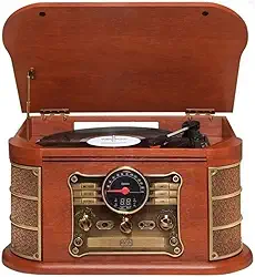 Raveo Vitrola Spazio com Toca-discos de 3 velocidades, Rádio FM, CD e Cassete players, USB e SD (reproduzem e gravam), entrada e saída auxiliares e tecnologia de conexão Bluetooth., Grande