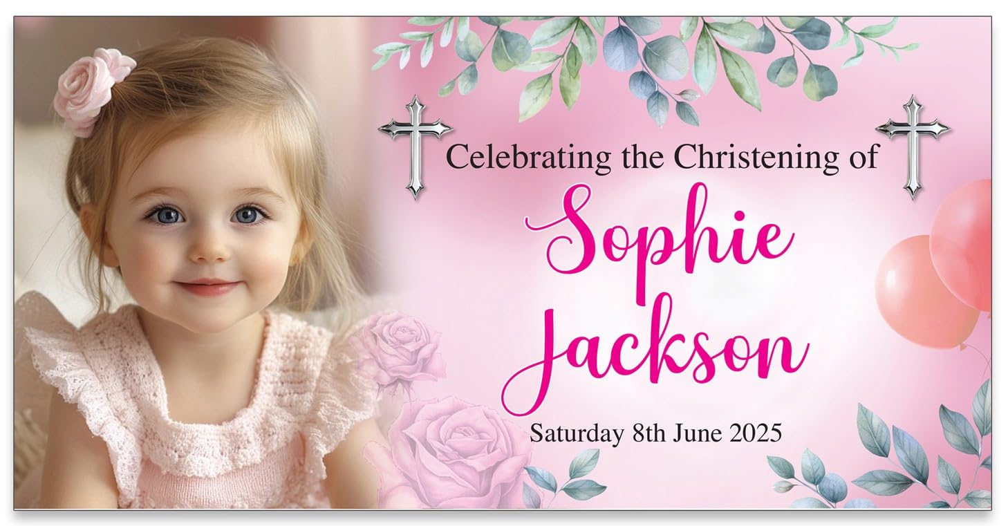 Personalised Photo Christening Large Banner Decorations Bunting Baptism Naming Day confirmation Banners Custom Props (Christening Girl)