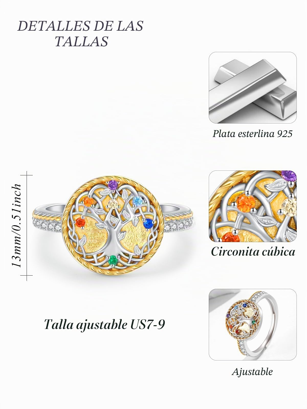 Anillo de árbol de la vida KINGWHYTE de plata de ley 925 para mujer, anillo ajustable de nudo celta, anillos de árbol de la vida para la familia, joyería para aniversarios, cumpleaños, Navidad para