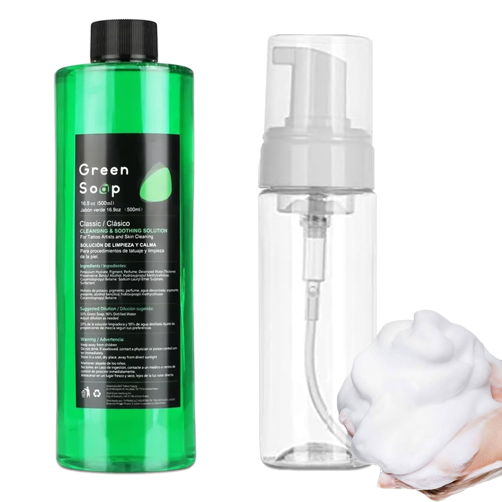 500ml Green Soap para Tatuajes Green Soap Tattoo 16.9OZ with Foam Bottle 200ml Green Tattoo Jabón Accesorios para tatuajes Jabón líquido para limpiar la piel durante el tatuaje