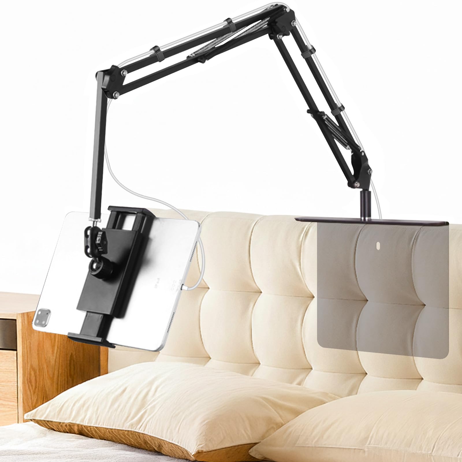Supporto per tablet senza mano, per letto e divano, con braccio lungo regolabile, pieghevole, in metallo per Kindle, tablet, iPad e cellulare, design nascosto, nessun danno ai mobili (90 cm)