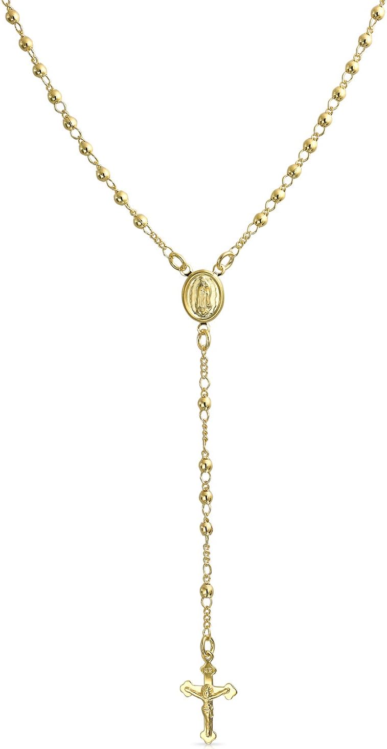 Catholic Christian Prayer Rosario Ball Beads Crucifix Cross Catholic Jesus Virgin Mother Mary Rosary Beads Necklace For Women Teen 18K Gold Plated Brass
