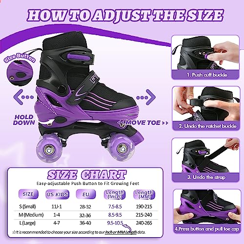 Hxwy Kids Roller Skates For Boys Girls Child, Adjustable 4 Sizes Roller Skates For Adult And Youth With All Light Up Wheels, Black Purple Patines Para Niñas For Sports (Small-Little Kid (11J-1) #TOP1