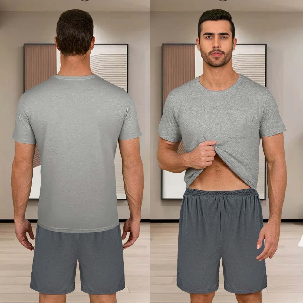 DiULi Pijama Hombre Verano, Conjunto de Pijama con Bolsillos, Suave y Cómodo, Hombre a Cuadros Ropa de Dormir, Cuello Redondo, Conjunto de Piyama Verano Incluir Pantalones Cortos a Cuadros