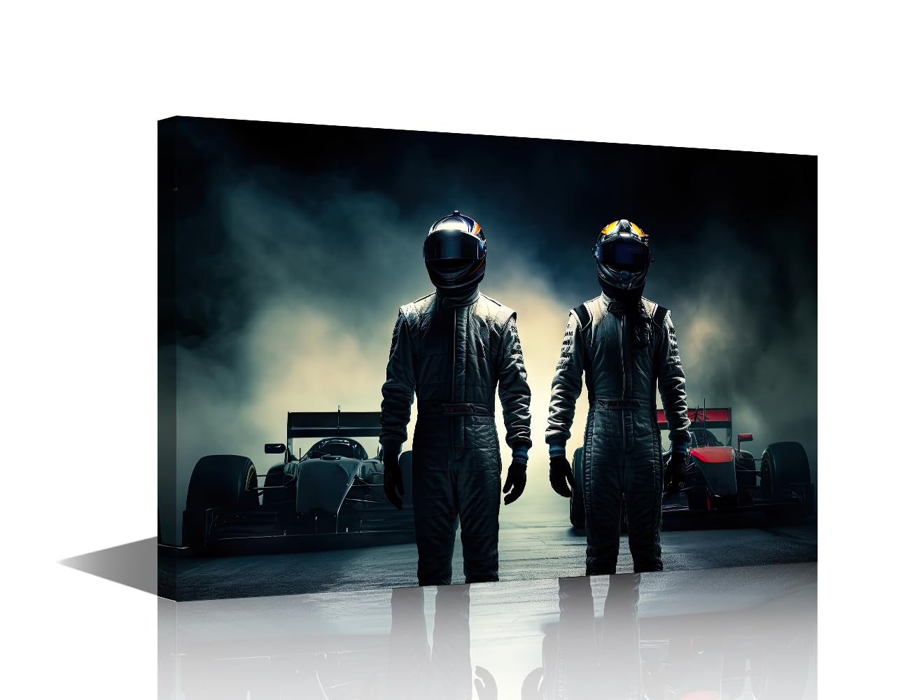 TISHIRON Framed Men, Racers in Leather Costumes and Helmet Canvas Wall Art 1 Panel Racing Car Champions