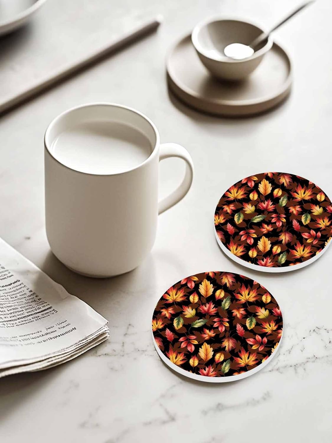 Coasters for Drinks Set of 8 with Holder, Fall Thanksgiving Vintage Maple Leaf Ceramic Cup Mat, Absorbent Ceramic Stone Coasters with Cork Base for Coffee, Cups, Wooden Table, Home Decor 4 Inch