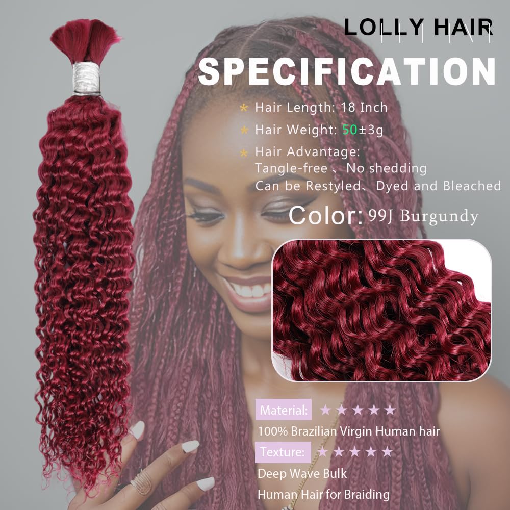 12A 99J Burgundy Red Human Braiding Hair for Boho Braids 1 Bundle 18 Inch 50g Deep Wave Braiding Hair for Bohemian Knotless Braids 100% Unprocessed Brazilian Virgin Bulk Hair Extensions No Weft