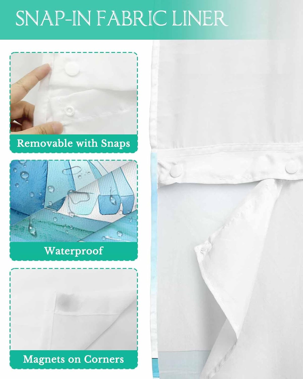 No Hook Shower Curtain with Snap in Fabric Liner Set-Seaside Blue Beach Chair Hat Bathroom Curtains with See Through Mesh Top Window,Summer Ocean Beach Waterproof Double Shower Curtain 60x72In