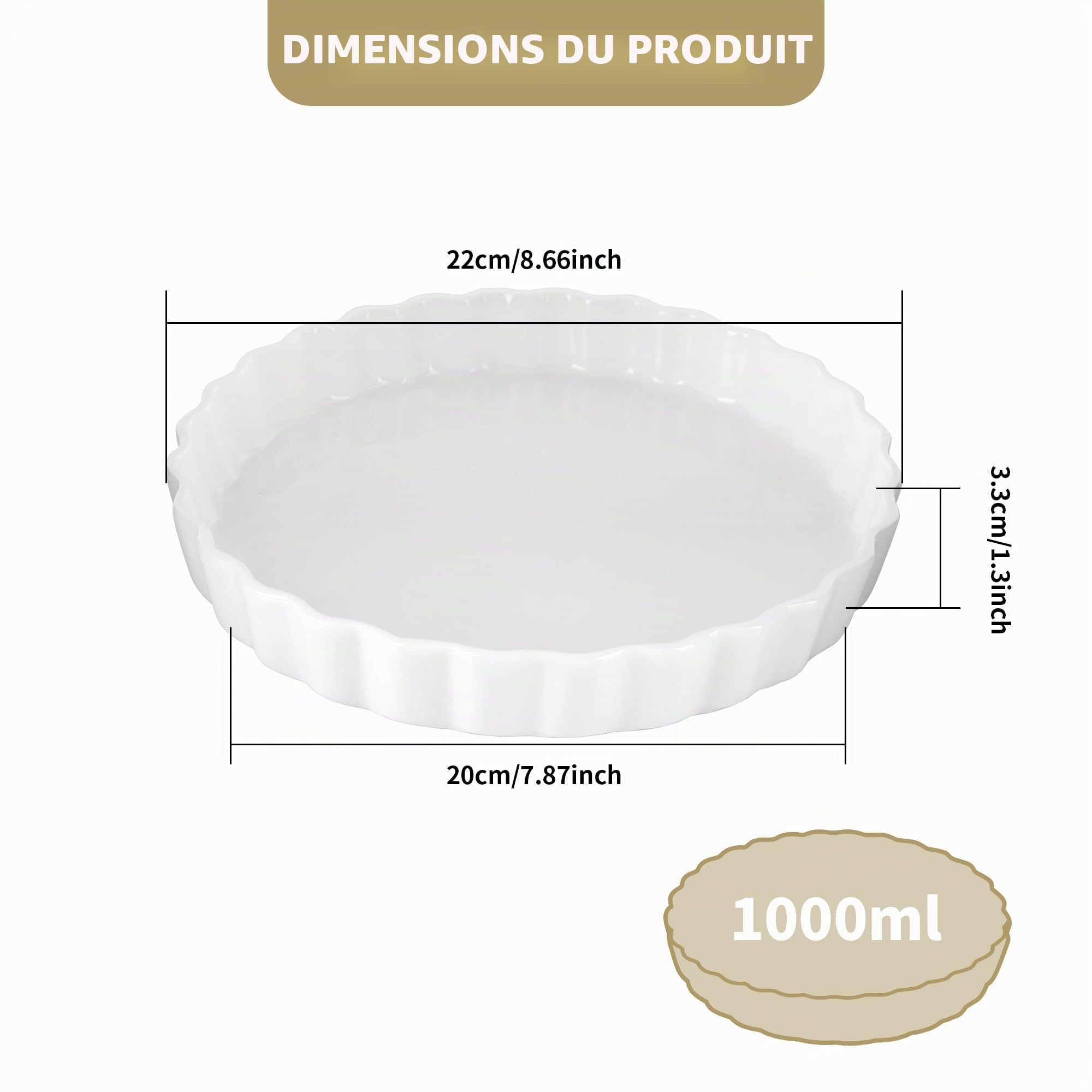 Plat à quiche en céramique pour le four, 22 cm, moule à tarte pour la cuisson de tarte rond anti-adhésif blanc,