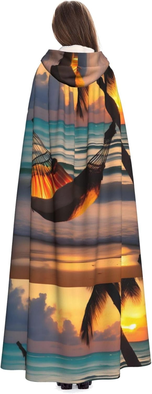 Sunset Beach Hammock Men Women Halloween Role Play Party Decoration Hooded Poncho Black