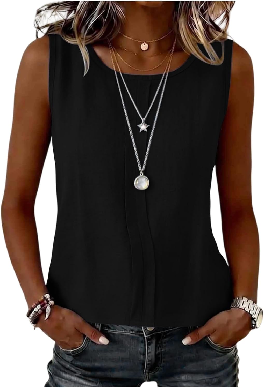 YRAETENM Linen Tank Tops for Women Dressy Casual Crewneck Pleated Blouses Summer Loose Lightweight Sleeveless Gauze Shirts
