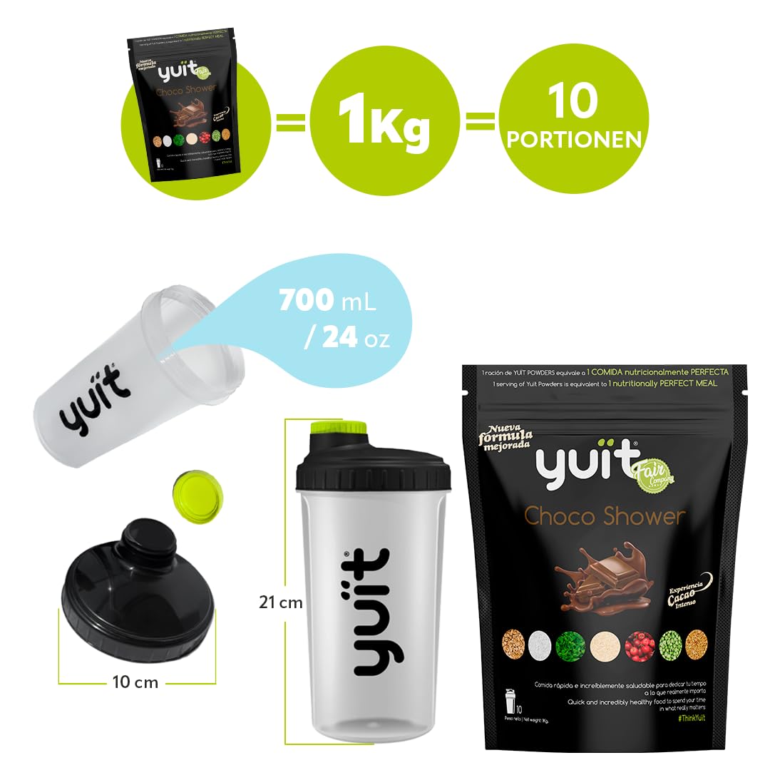 YUIT - Trinkmahlzeit in Pulverform mit 31 Vitaminen und Mineralien + Probiotika -Eiweißshake mit 35 g Eiweiß - Natürliche und echte Lebensmittel - Sättigender Mahlzeitenersatz (1kg-Schokolade+SHAKER)