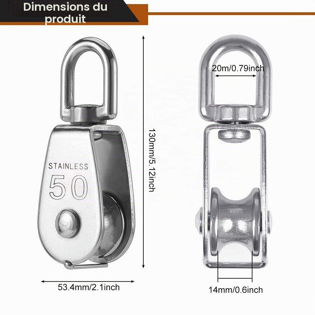 BUYGOO 2PCS Poulie Simple Acier Inox M50/400KG Poulie de Levage Poulie Acier Inoxydable, Poulie avec Roulements Pivotants, Poulie Bloc Poulie Simple Poulie Pivotante à Bloc Unique 304 Acier Inoxydable