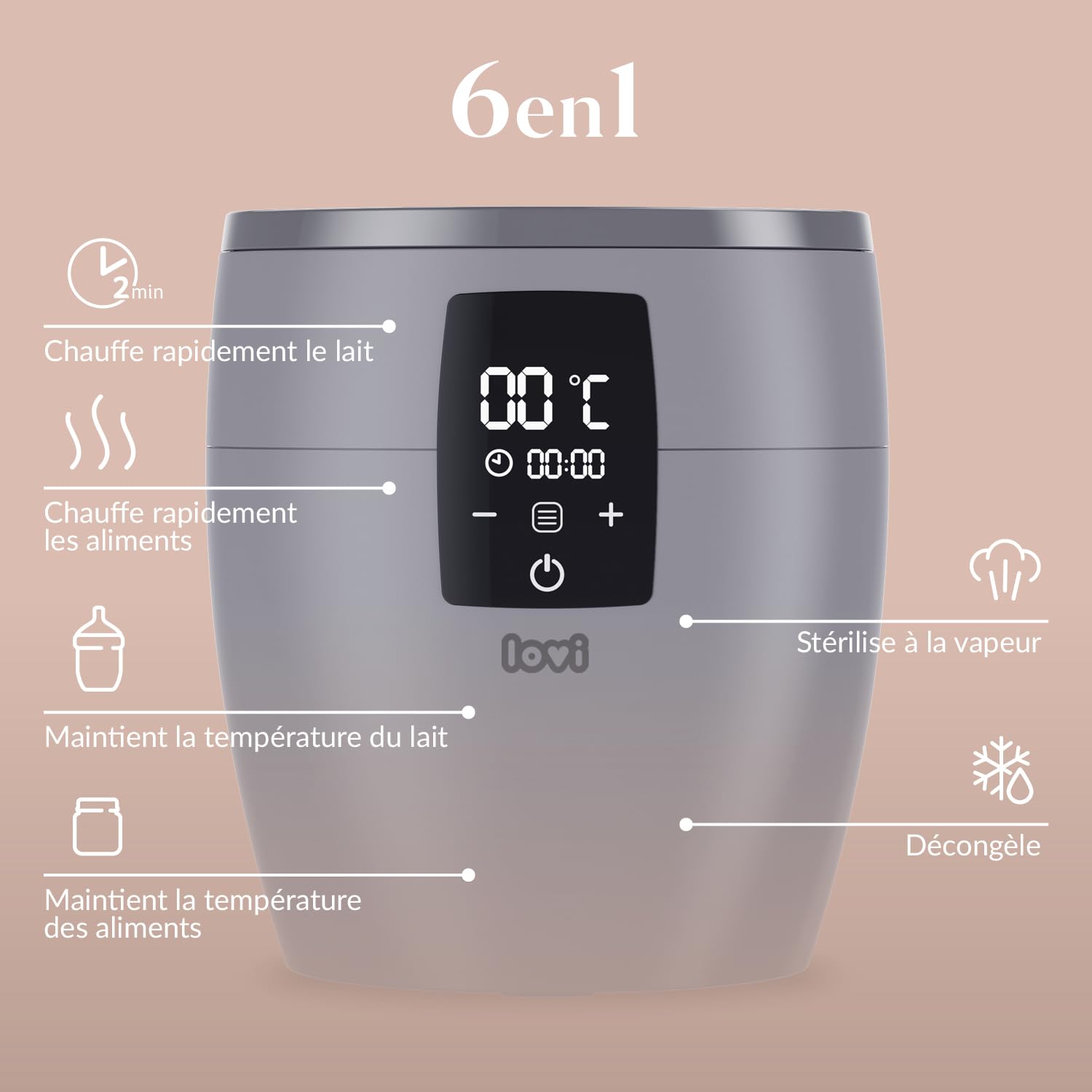 Difrax LOVI Chauffe-biberon 6-en-1 – chauffe rapide & sûr, maintien au chaud, décongélation & stérilisation vapeur – universel gris/noir