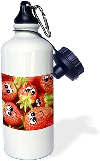 3dRose "Cute Happy Red Strawberries Smiley Face Strawberry Fruits Pile Sweet Cartoon Foods" Sports Water Bottle, 21 oz, White