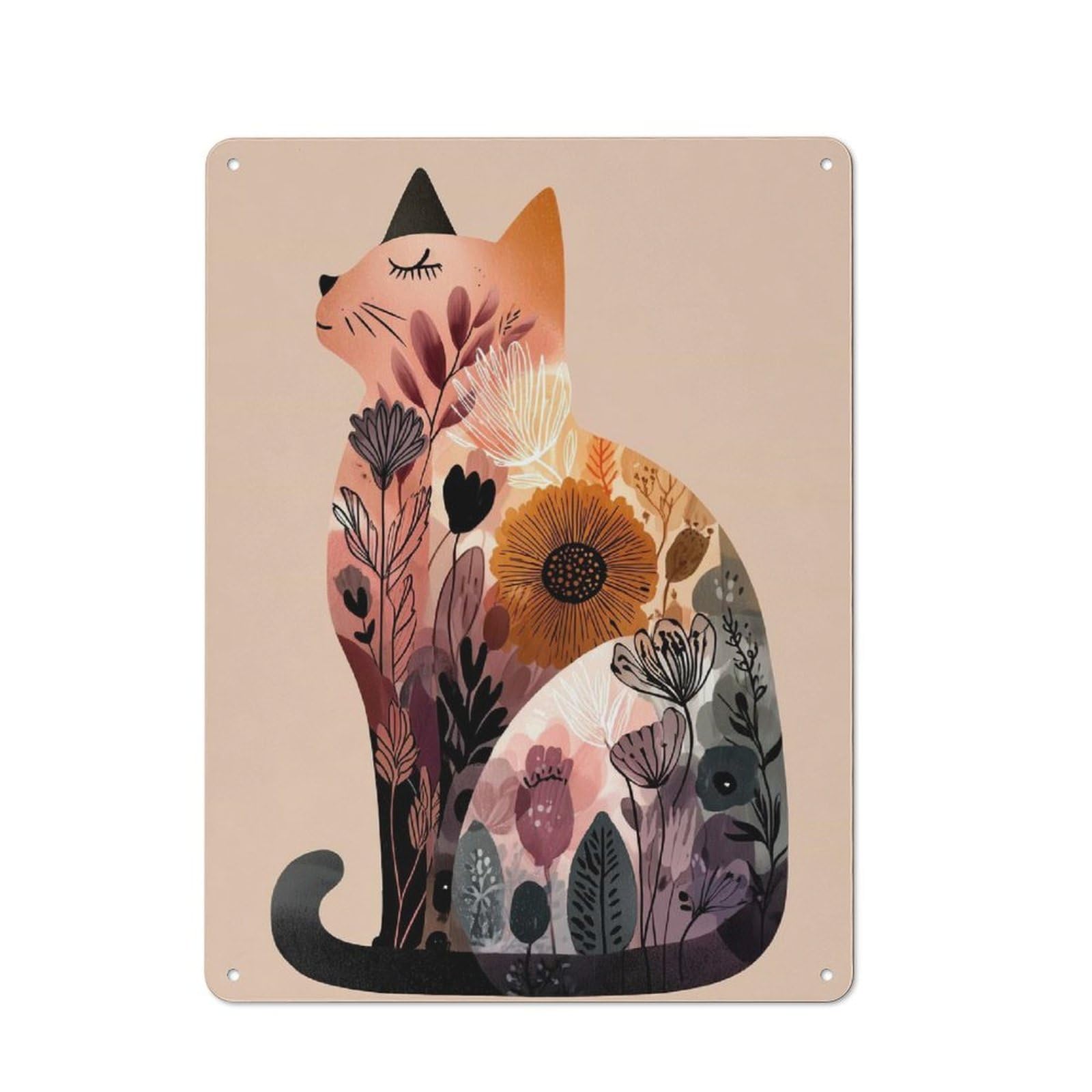 Junmoney Style-10 Floral Cat Illustration Tin Sign 40X30cm, Creative Studio Wall Plaque For Hobby Room, Office, Lounge Or Living Room