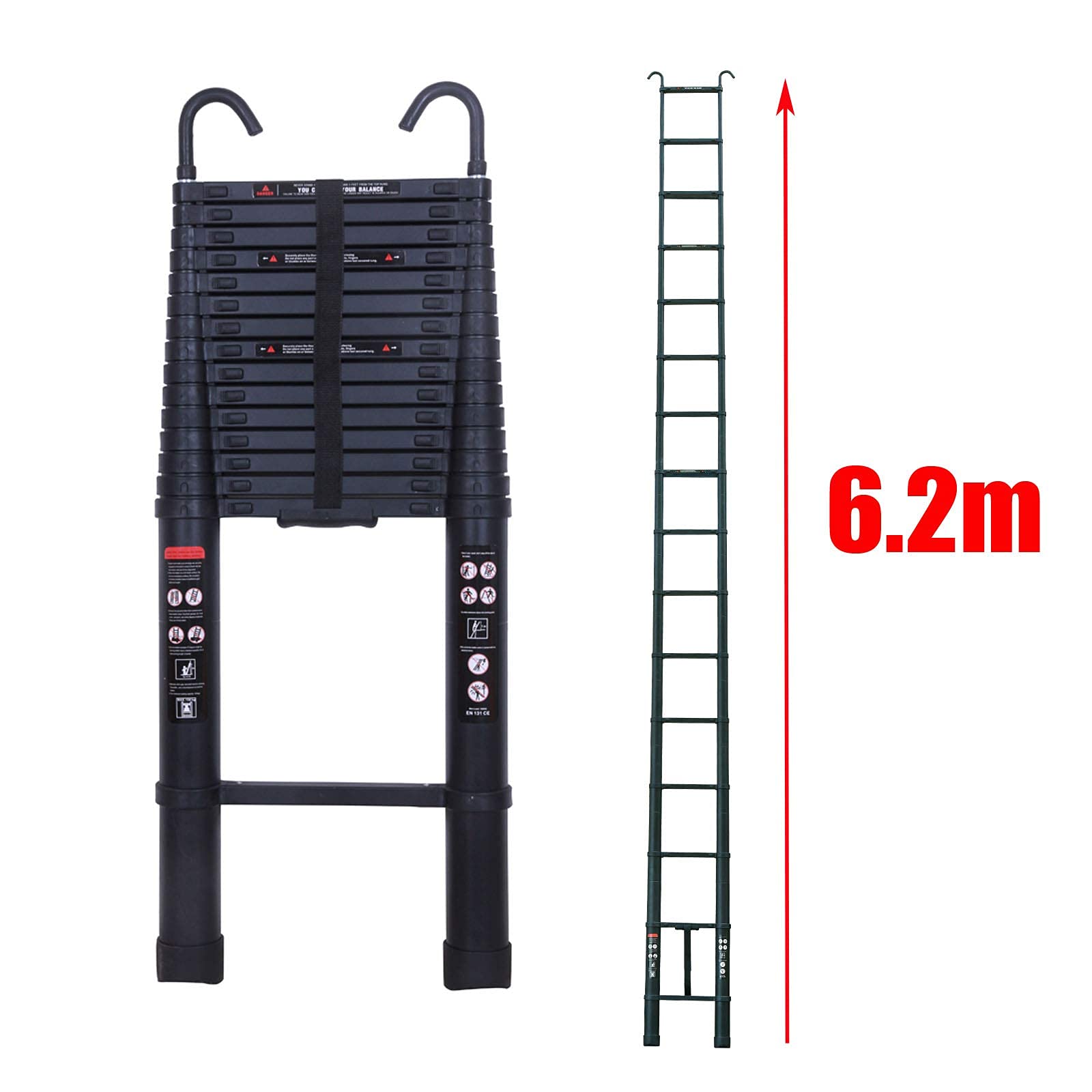 Escalera Telescópica de 6,2 m con Gancho Extraíble, Escalera Plegable de Aluminio Andamio, Antideslizante, Resistente, 150 kg/330 libras de Carga (Negro)