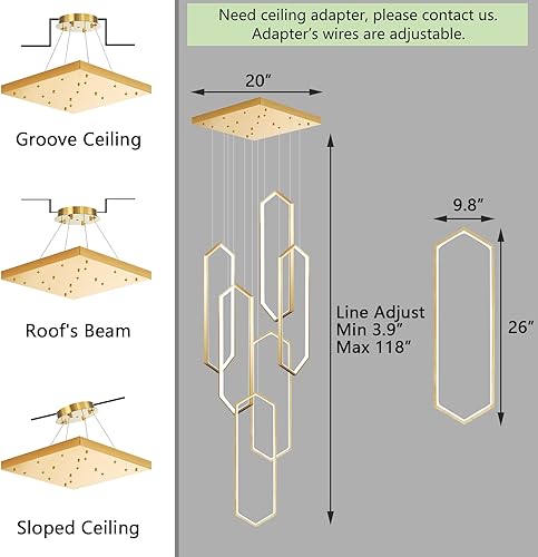 Miniatura 2 de Candelabro moderno de 6 anillos, luz LED dorada contemporánea para entrada de sala de estar, lámparas de techo alto regulables con control remoto