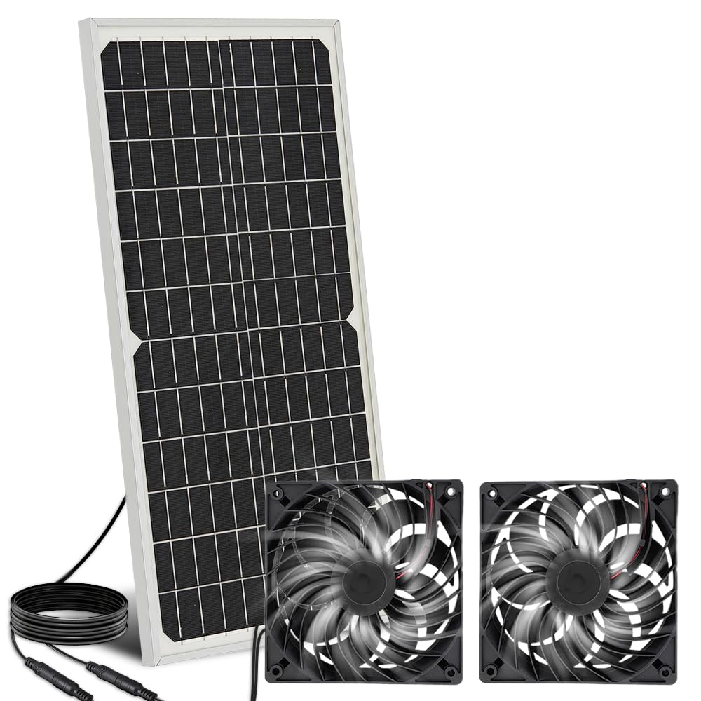 Ventilateur Solaire, 16W Extracteur d'air Solaire, Étanches Double Ventilateur Énergétique avec Panneau Solaire pour Poulailler, Serres, Maisons pour Animaux, Admission ou Évacuation d'air