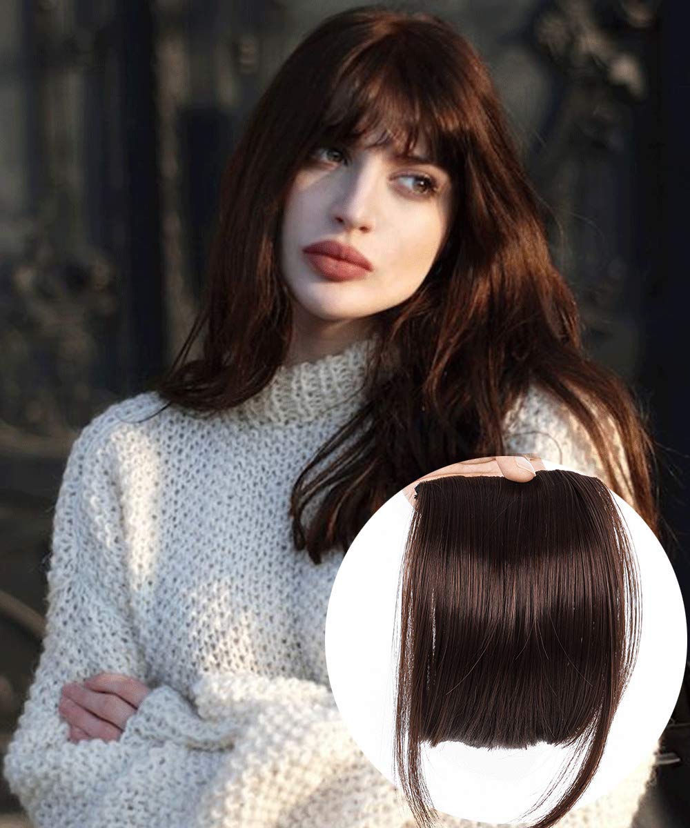 LEEONS Bangs Clip in Hair Extensions Front Neat Bang Fringe One Piece 6" Short Straight Hairpiece for Women Dark Brown(2/33#)