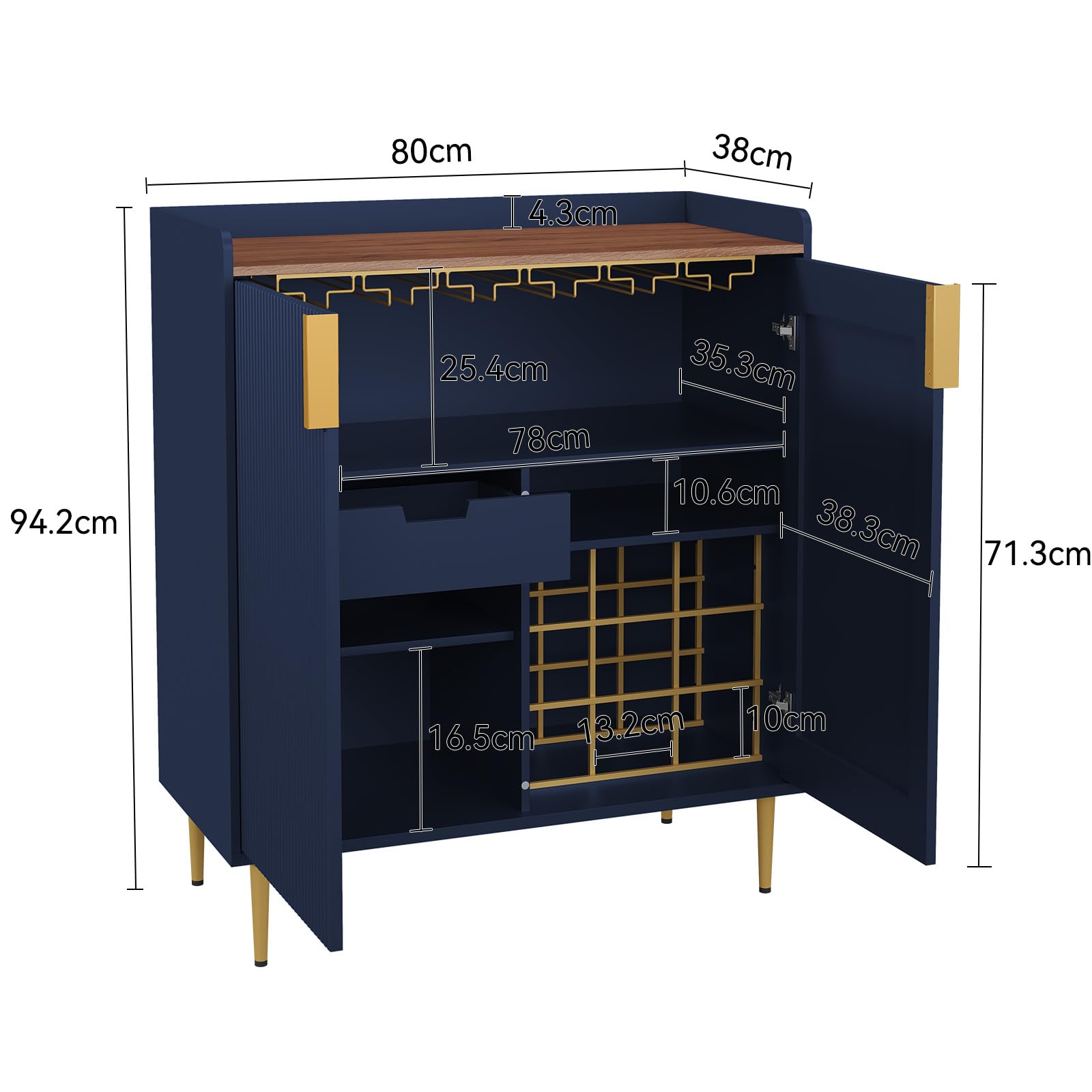 HOLTICO Meuble Bar Salon avec Supports pour Verres autoportant, Mini Bar Rangement Vin pour Cuisine et Salle à Manger, 80x38x94,2cm, Bleu
