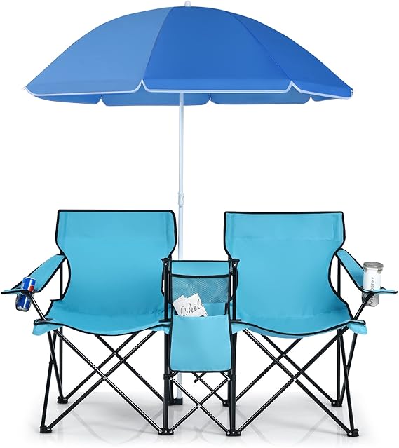COSTWAY OP70621DEDE Campingstol med parasoll, fällstol för par, dubbel fiskestol vikbar med mugghållare, kylväska (turkosgrön), 55 x 85 x 161 cm