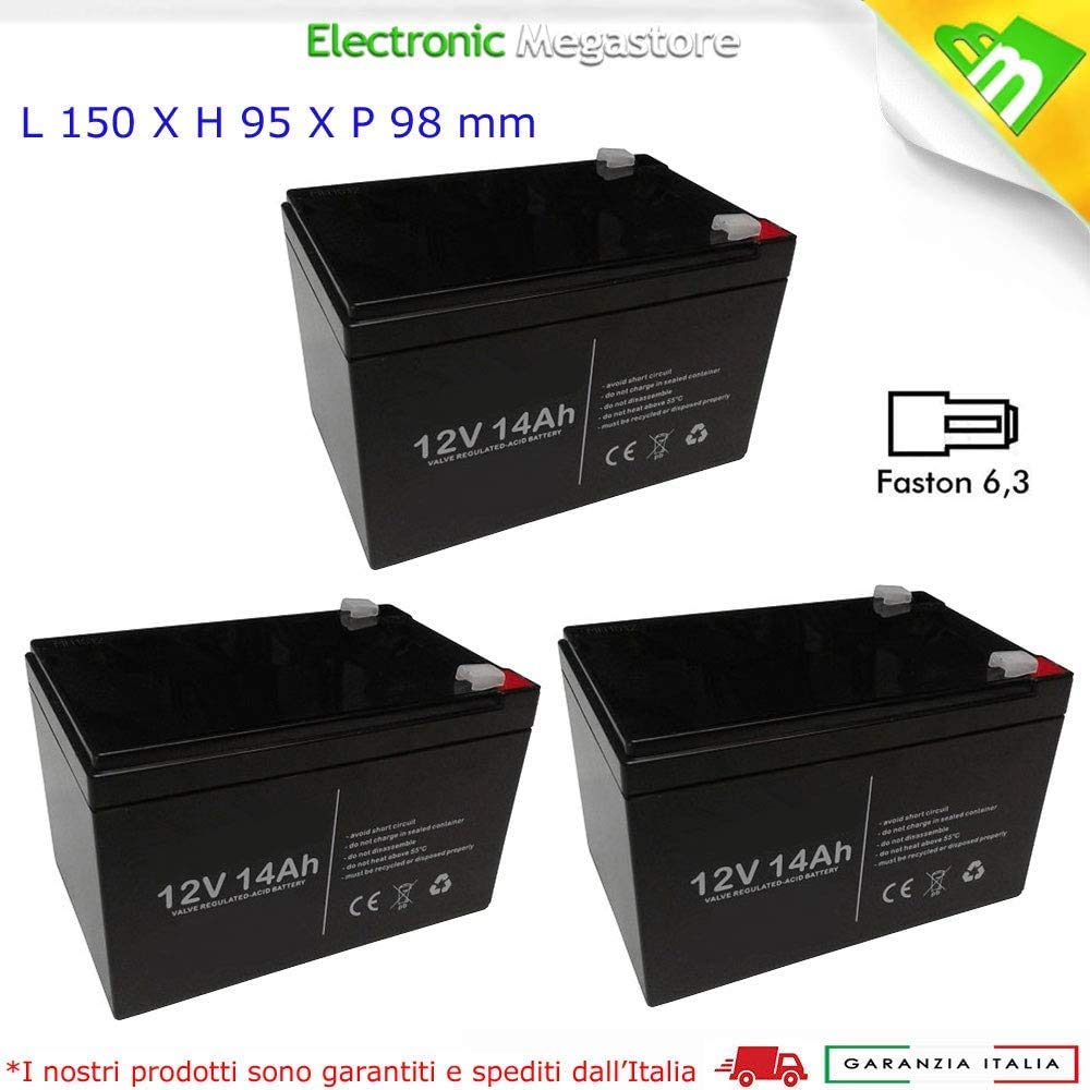 KIT 3 BATTERIE AL PIOMBO RICARICABILE 12V 36V 14AH CICLICA BATTERIA USO CICLICO PER BICI BICICLETTE ELETTRICHE MONOPATTINI QUAD ELETTRICI CONNETTORI VITE OCCHIELLO FORCELLA DEEP CYCLE 6-DZM-14 6DZM14