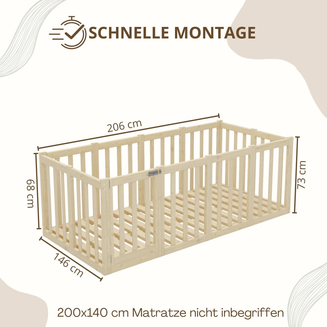 Kinderbett 140x200 cm – Montessori Bodenbett mit Hohem Rausfallschutz 73cm und Öffnbarer Barriere - Natürlichem Holz mit Glatter Oberfläche - Perfekt für Jungen und Mädchen Crazy John