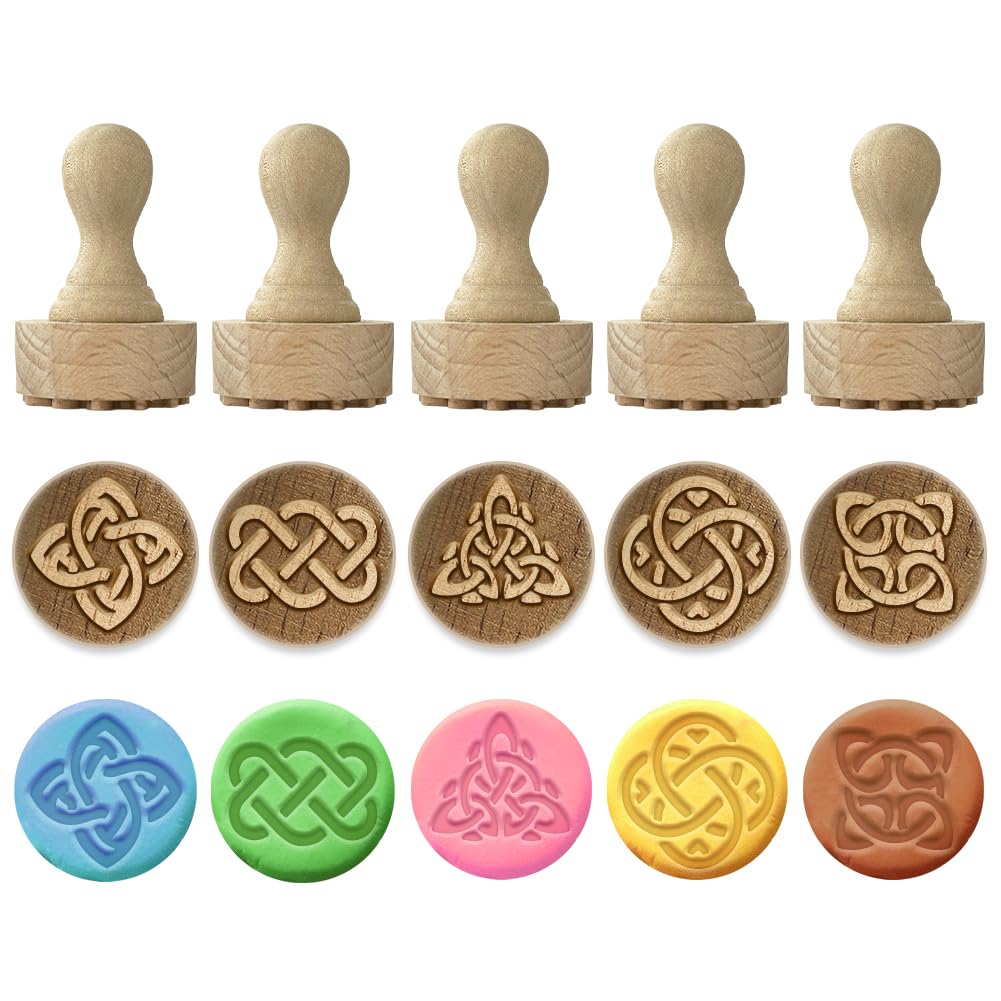 OLYCRAFT 5Pcs 5 Styles Celtic Knot Wood Stamps with Handle 43x27mm Trinity Knot Wood Handle Pottery Tools Beechwood Pottery Stamps Small Mini Seal for Clay Art DIY Crafts Handmade Decorations
