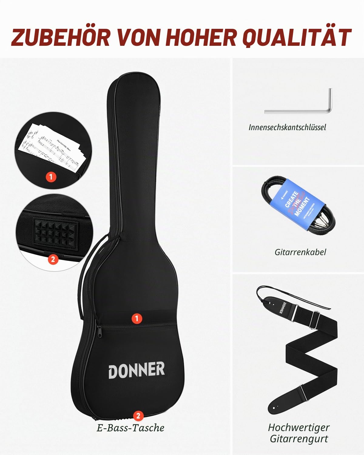 Donner E-Gitarre Set E Gitarren LP-Stil 39 Zoll Voller Größe mit Tasche, Gurt, Kabel (Schwarz)