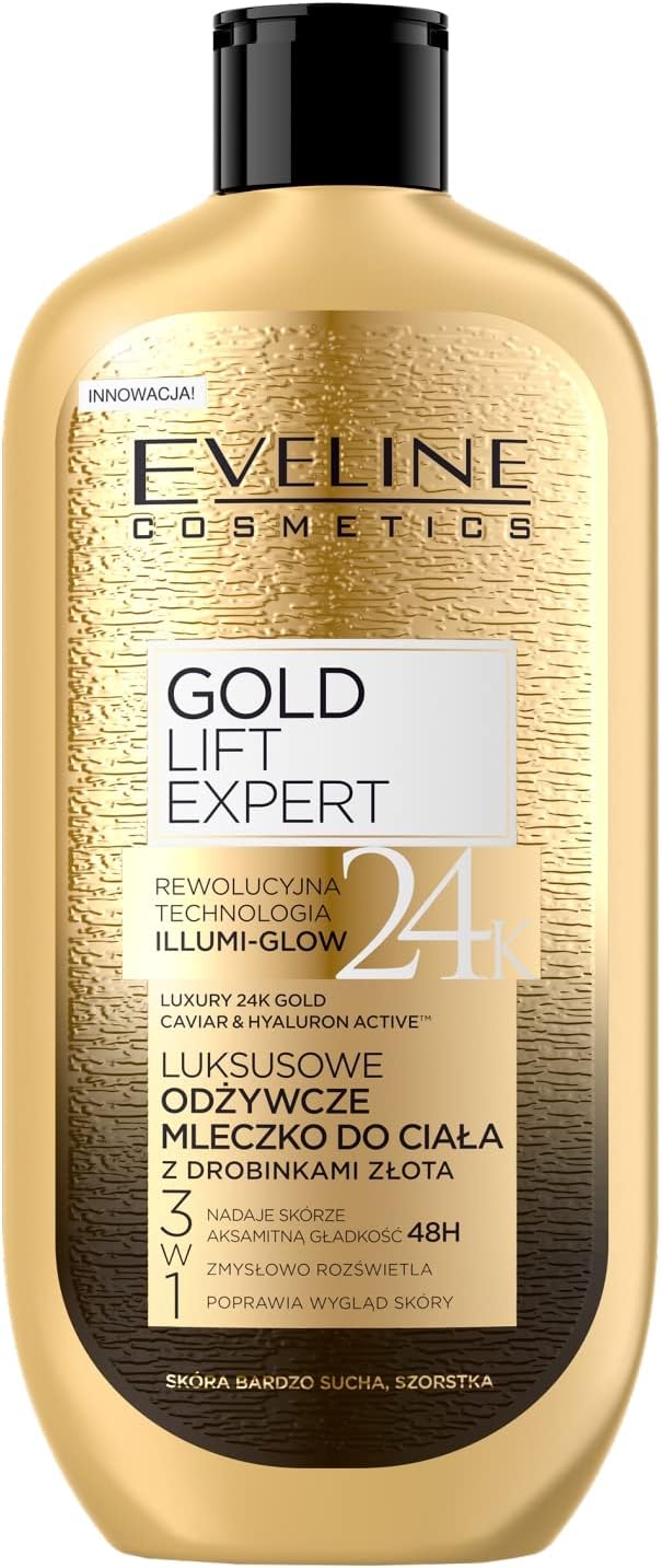 – Eveline Cosmetics Gold Lift Expert Luxury Nourishing Body Milk with Hydra Luxury Molecular Technology, 24k Gold & Caviar Therapy, 350 ML