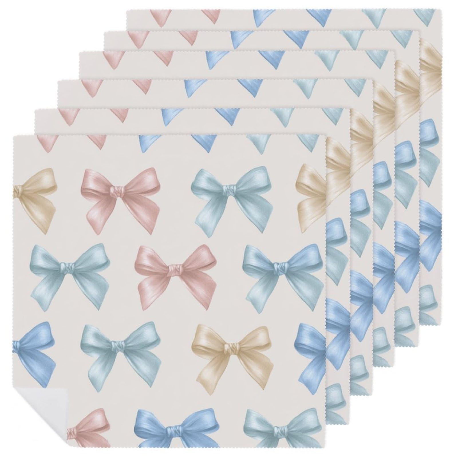 Small Feminine Satin Bows Blue Pink Cream Cloth Napkins Set of 6, Square Premium Reusable Washable Polyester Table Linen Napkin for Dinner Party