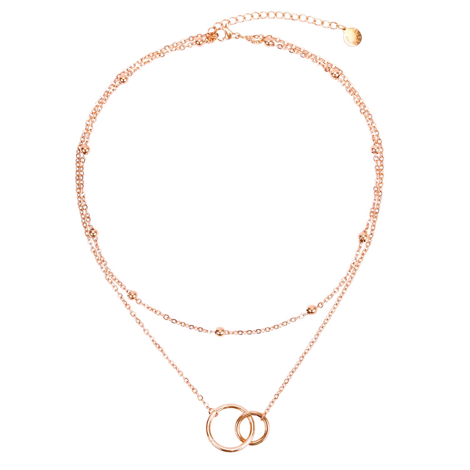 BaubleStar Women's necklace with double circle pendants, delicate multi-row choker necklace with 2 stainless steel circles
