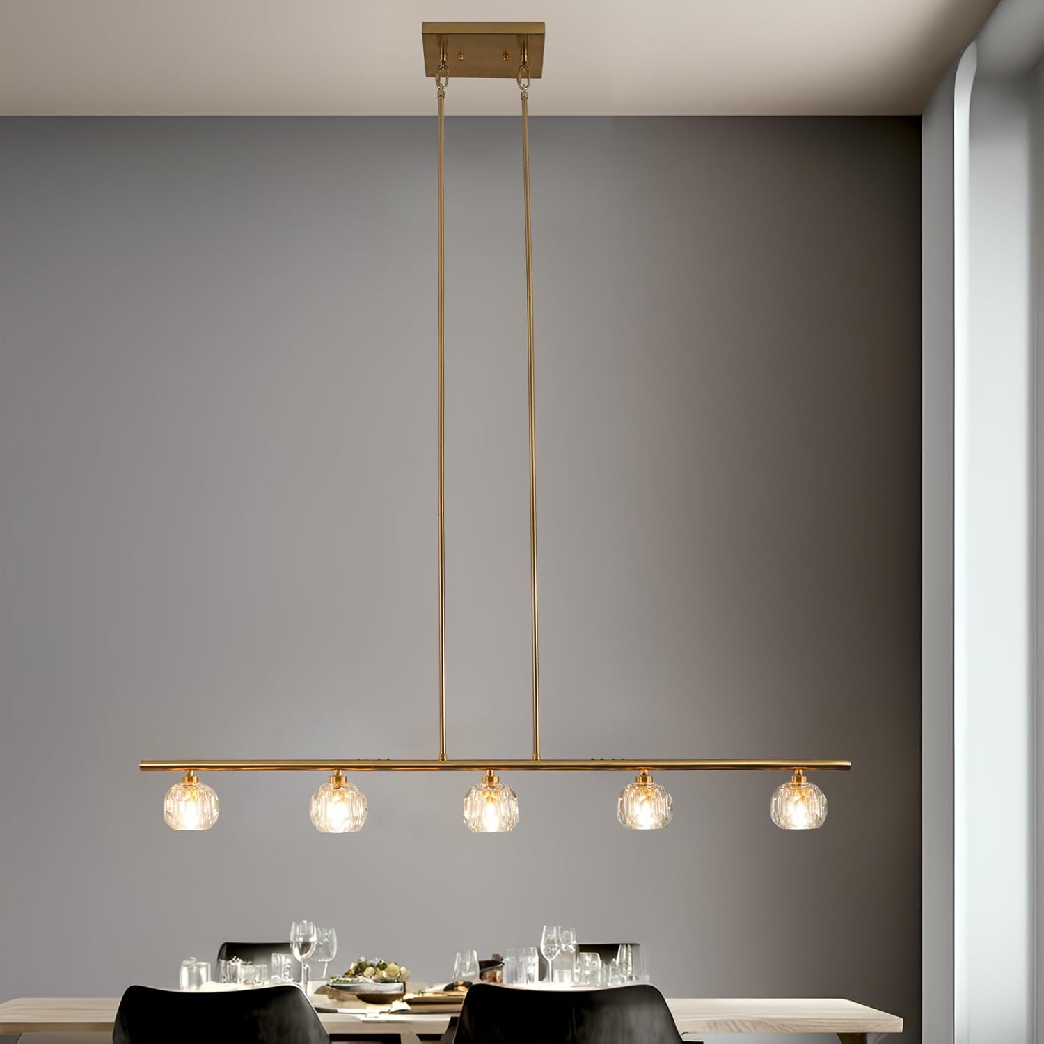 TANIN Kitchen Island Lighting Fixture, Dining Room Over Table 5 Lights Chandeliers, Height Adjustable Gold Crystal Shade Chandelier Farmhouse Pendant for Lighting Foyer Hallway Living Room -47.6