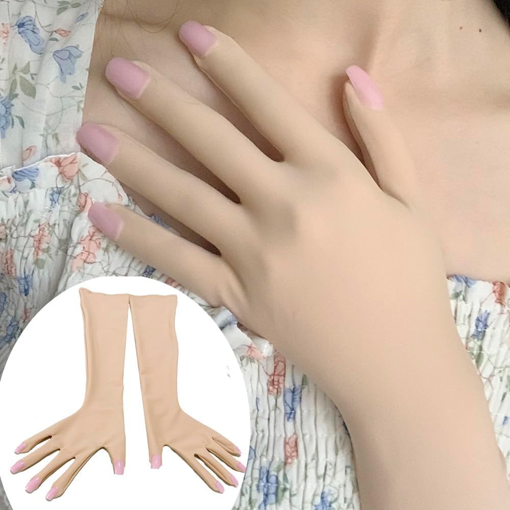 Pink Flesh Spandex Zentai Accessories Men's Cosplay Kigurumi Long Glove Crossdressing Gloves With Pink Nails Art