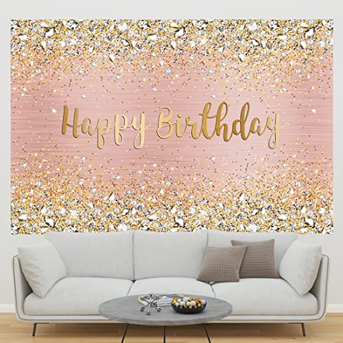 Happy Birthday Backdrop Diamonds Shining Bokeh Pink And Gold Dot Glitter Sparkle Photography Background For Women Girls Lady Sweet Spots Party Decorations Supplies Banner Photo Props Vinyl 7X5Ft #TOP1