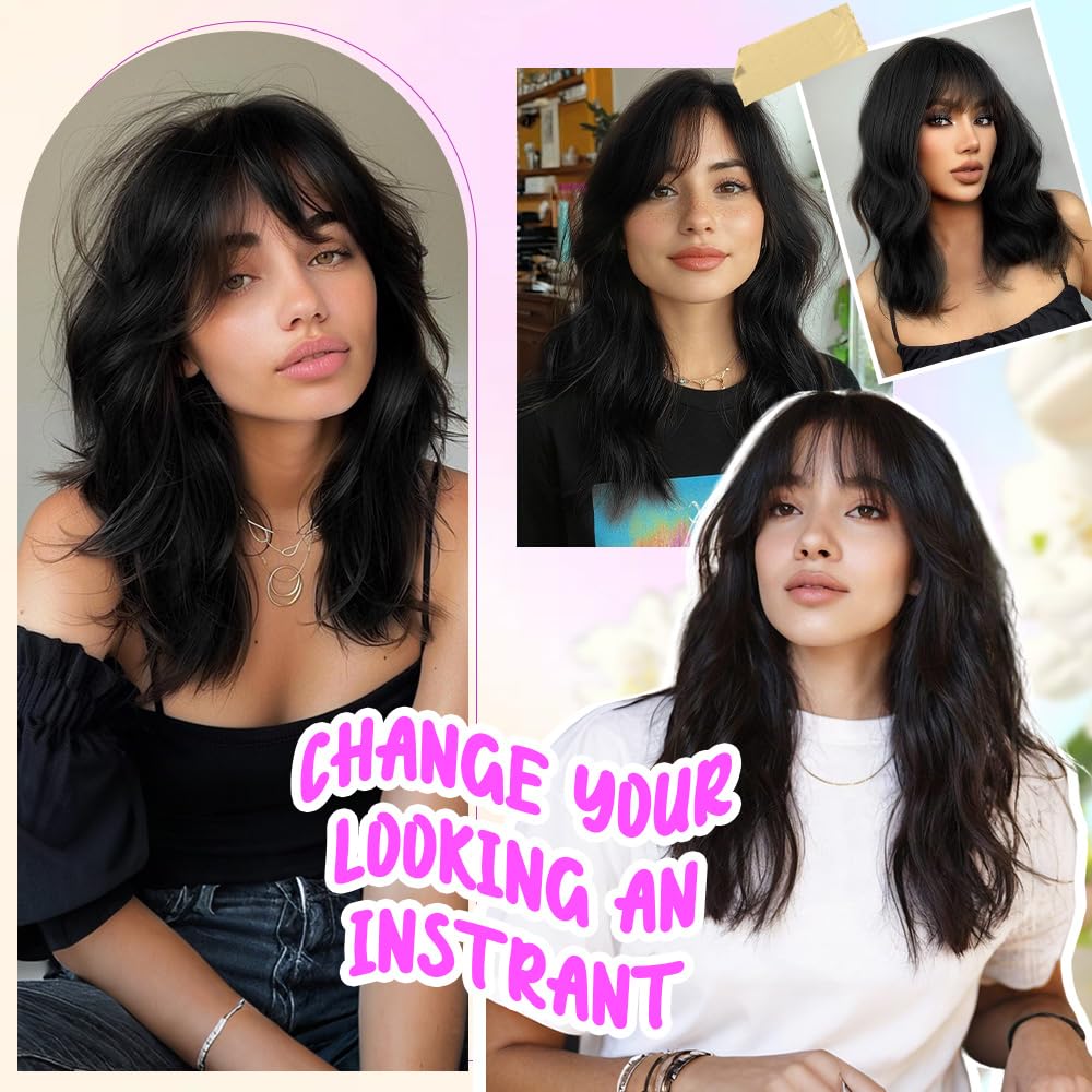 Black Wig with Bangs Short Wavy Wigs for Women Curly Bob Style Wear and Go Natural Synthetic Wigs for Halloween Costumes Cosplay Daily Party Use 16IN - Image 7