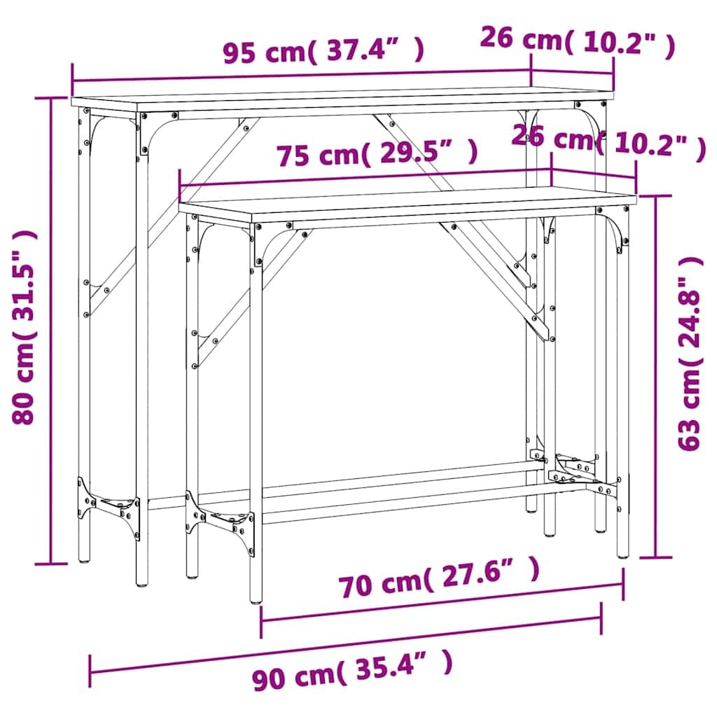Set 2 Tavolini Consolle da Ingresso Legno Multistrato Marrone | Set di due tavoli impilabili salvaspazio per corridoio e soggiorno con telaio in metallo stabile e piedini regolabili.
