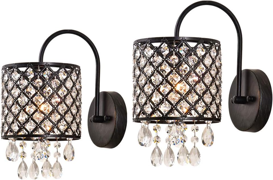 Maxax Crystal Wall Sconce, Modern Indoor Wall Lamp, Vanity Lighting Fixture with Lattice Drum Shade, ETL Listed, for Living Room, Bedroom, Hallway, Bathroom, Antique Black Finish, Set of 2