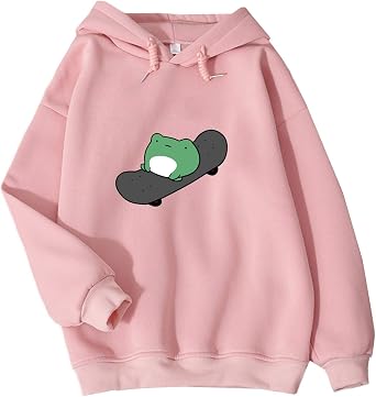 KEEVICI Womens Cute Sweatshirts Skateboarding Frog Long Sleeve Hoodie Pullover Tops