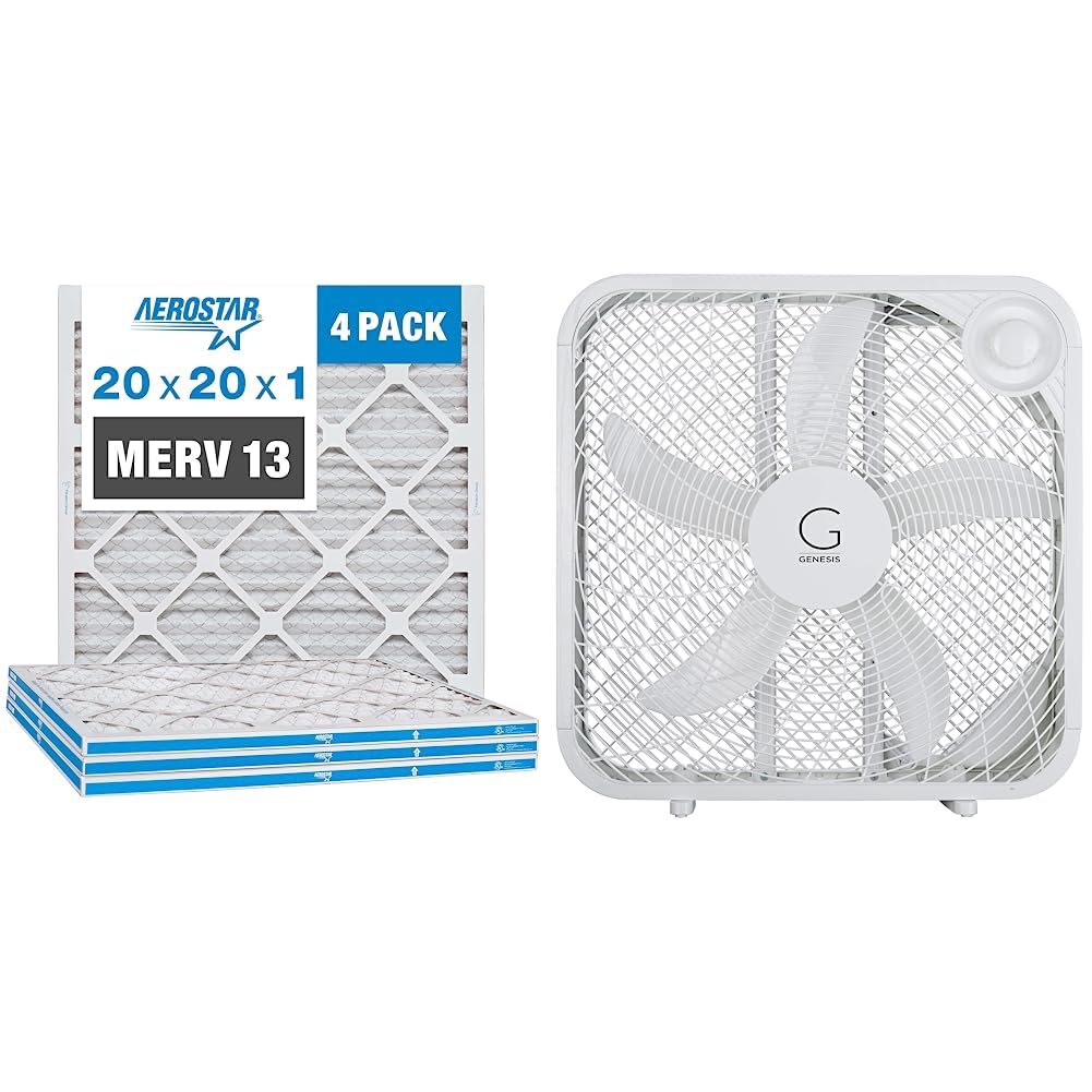 Aerostar 20x20x1 MERV 13 Pleated Air Filter 4 Pack + Genesis 20" Box Fan (G20BOX-WHT)