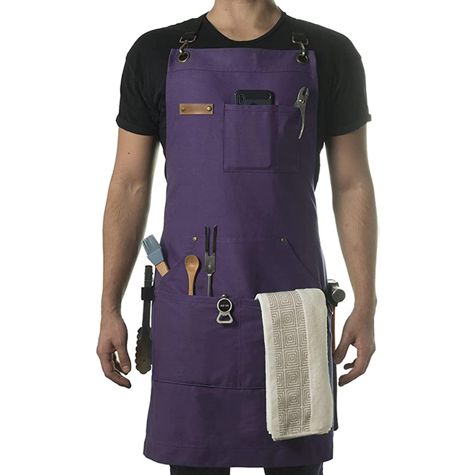 Bottone Men's Purple Stenffy Canvas Work Apron Functional And Stylish With Multiple Pockets, Adjustable Cross Back Straps For Bbq, Cooking Cotton Canvas Apron