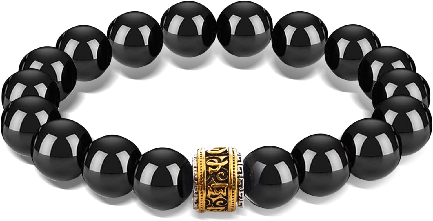 Tigers Eye Black Obsidian Beaded Bracelet for Men Women,10mm Adjustable Natural Stone Bead bracelet with Gold Plated Stainless Steel Accent, Minimalist Jewelry For Daily Wear, Gift for Men Women, Birthday Or Valentine's Day