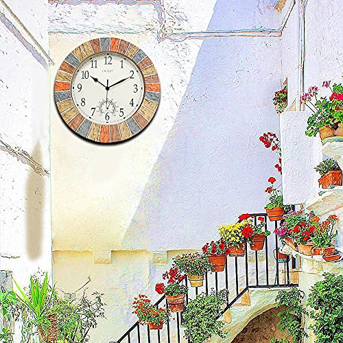 Ocest 13 Inch Large Outdoor Indoor Clock, Waterproof Wall Clock With Thermometer, Weather-Resistant Non-Ticking Battery Operated Decor Clock For Patio, Pool, Lanai, Fence, Porch, Garden (Yellow) #TOP3