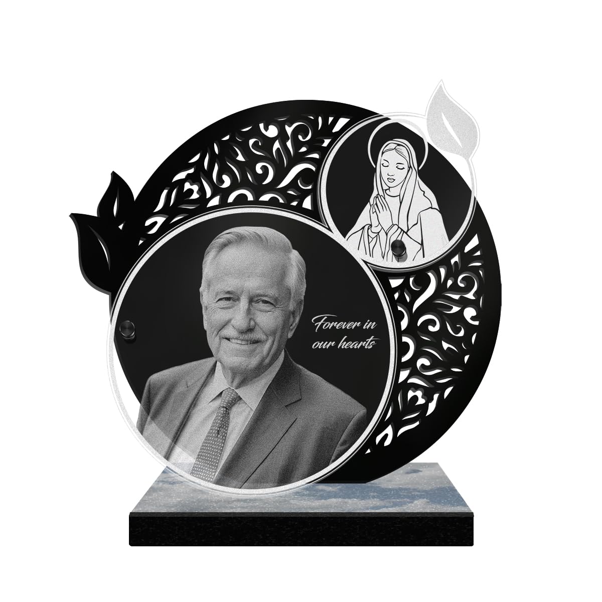 ETERNEL - Personalized Funeral Plaque Lace Virgin Mary Customizable Photo and Text, laser-engraved funeral plaque for tribute, memorial plaque, tombstone, ceremony, burial